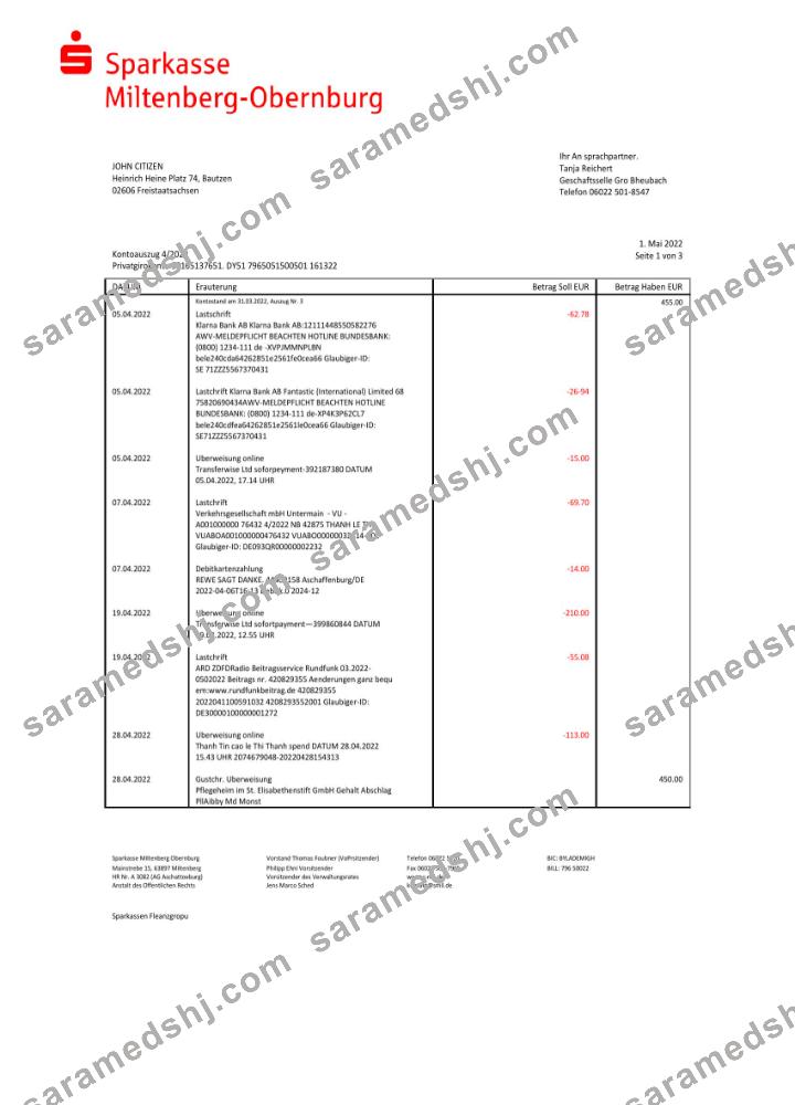 Germany Sparkasse Miltenburg-Obernburg bank statement Word and PDF template